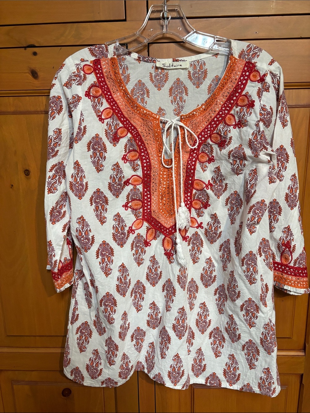 Solitaire White Tunic with Red & Orange Embroidered V-Neckline